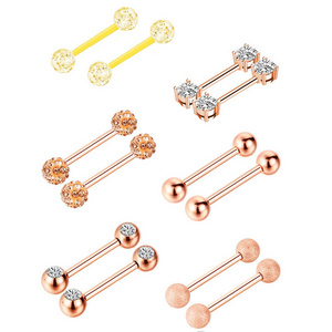 14G 6 Pairs Stainless Steel Nipple Ring CZ Tongue Rings Straight Barbell Bars Piercing Jewellery 16mm in Length for Women Men