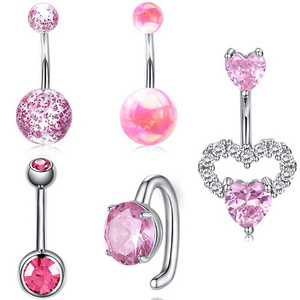 5PCS 14G Surgical Stainless Steel Dangle Belly Button Rings for Women Pink CZ Heart Belly Ring Dangling Piercing Jewelry