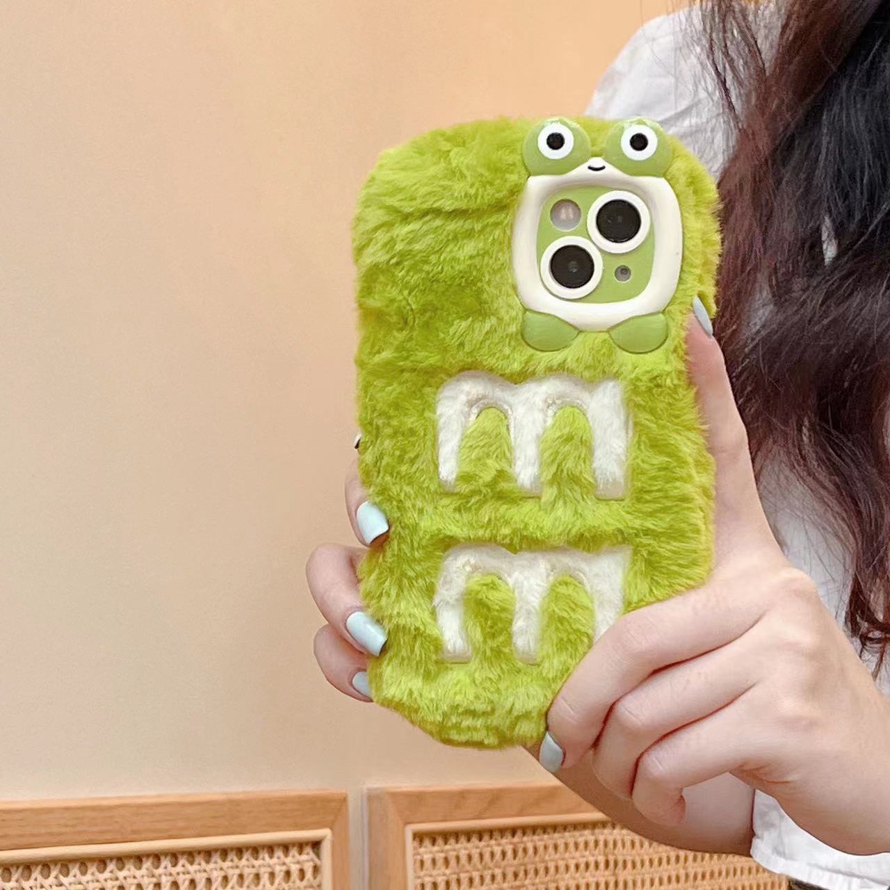 fashion frog animal luxury  fur phone case  for Iphone 15 13 12 11soft silicone back cover