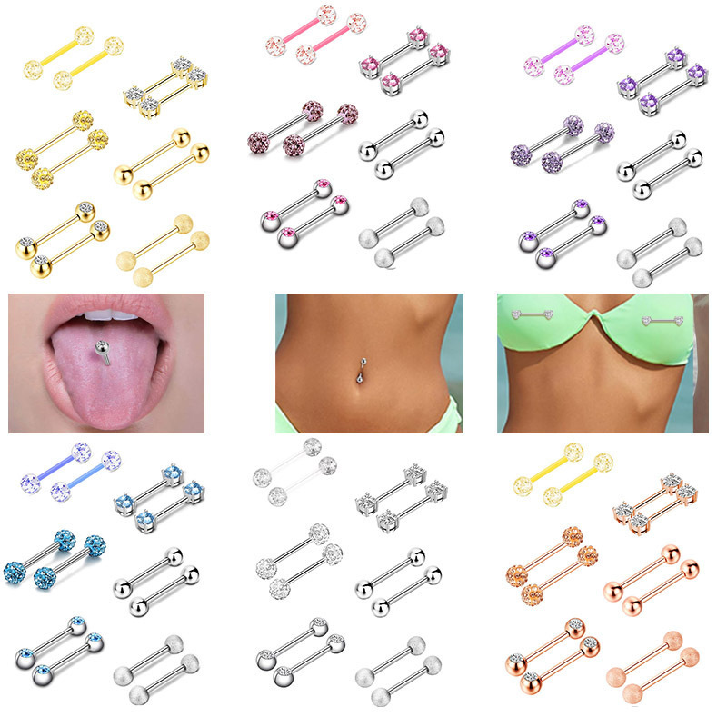 14G 6 Pairs Stainless Steel Nipple Ring CZ Tongue Rings Straight Barbell Bars Piercing Jewellery 16mm in Length for Women Men