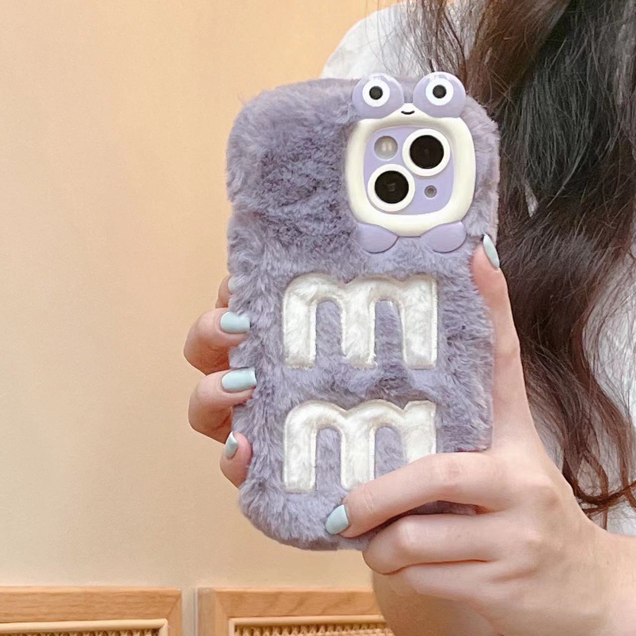 fashion frog animal luxury  fur phone case  for Iphone 15 13 12 11soft silicone back cover