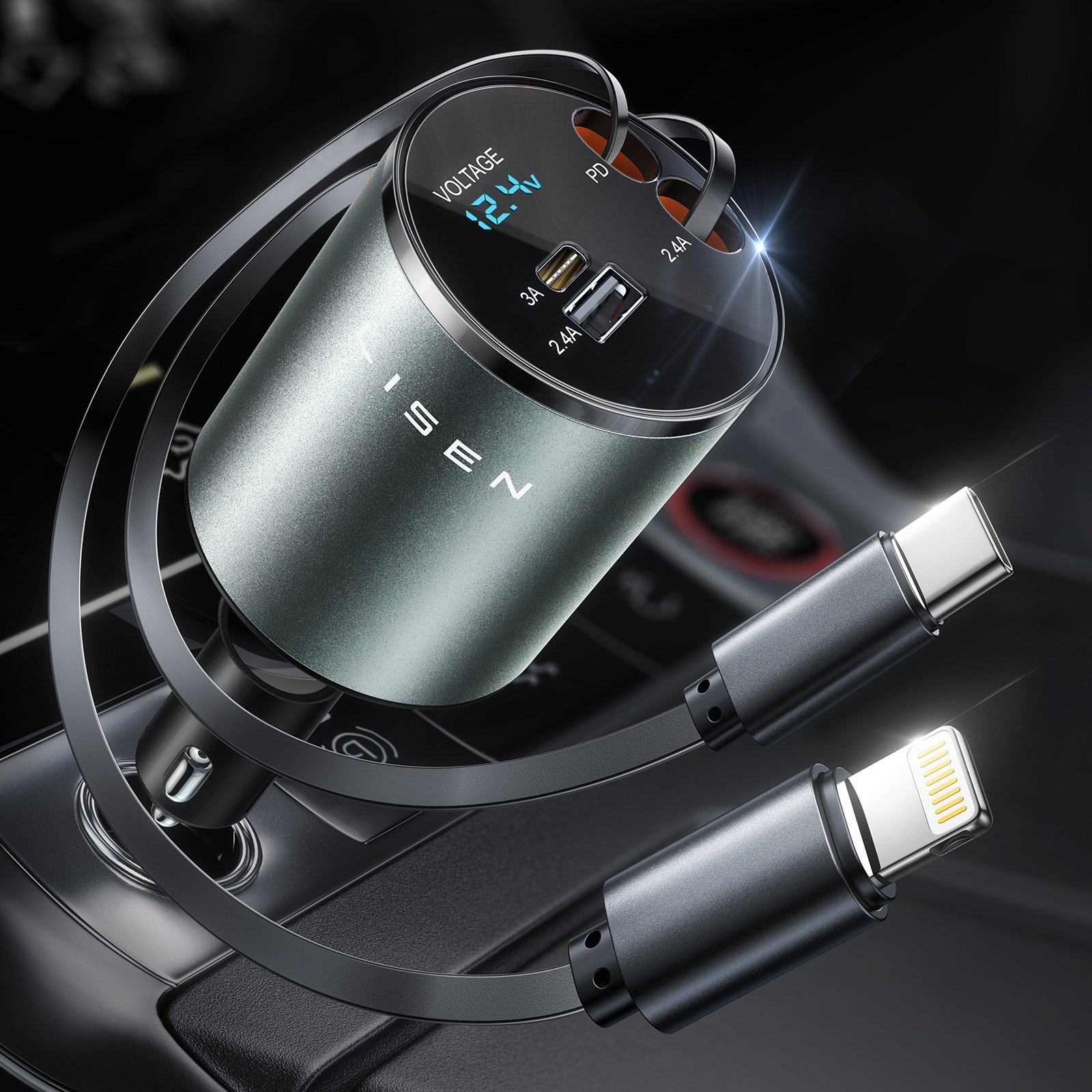 Lisen 2024 New Design 4 in 1 Retractable   Car Charger USB C 69W Fast Charge Car Phone Charger