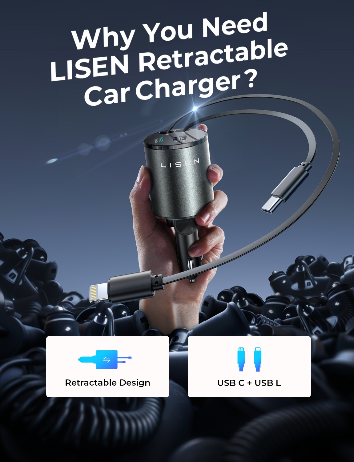 Lisen 2024 New Design 4 in 1 Retractable   Car Charger USB C 69W Fast Charge Car Phone Charger