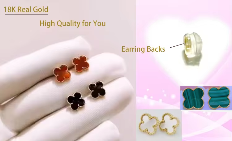 Luxury Women AU750 Real Gold Fine Jewelry Malachite Agate Four Leaf Clover Earrings 18K Gold