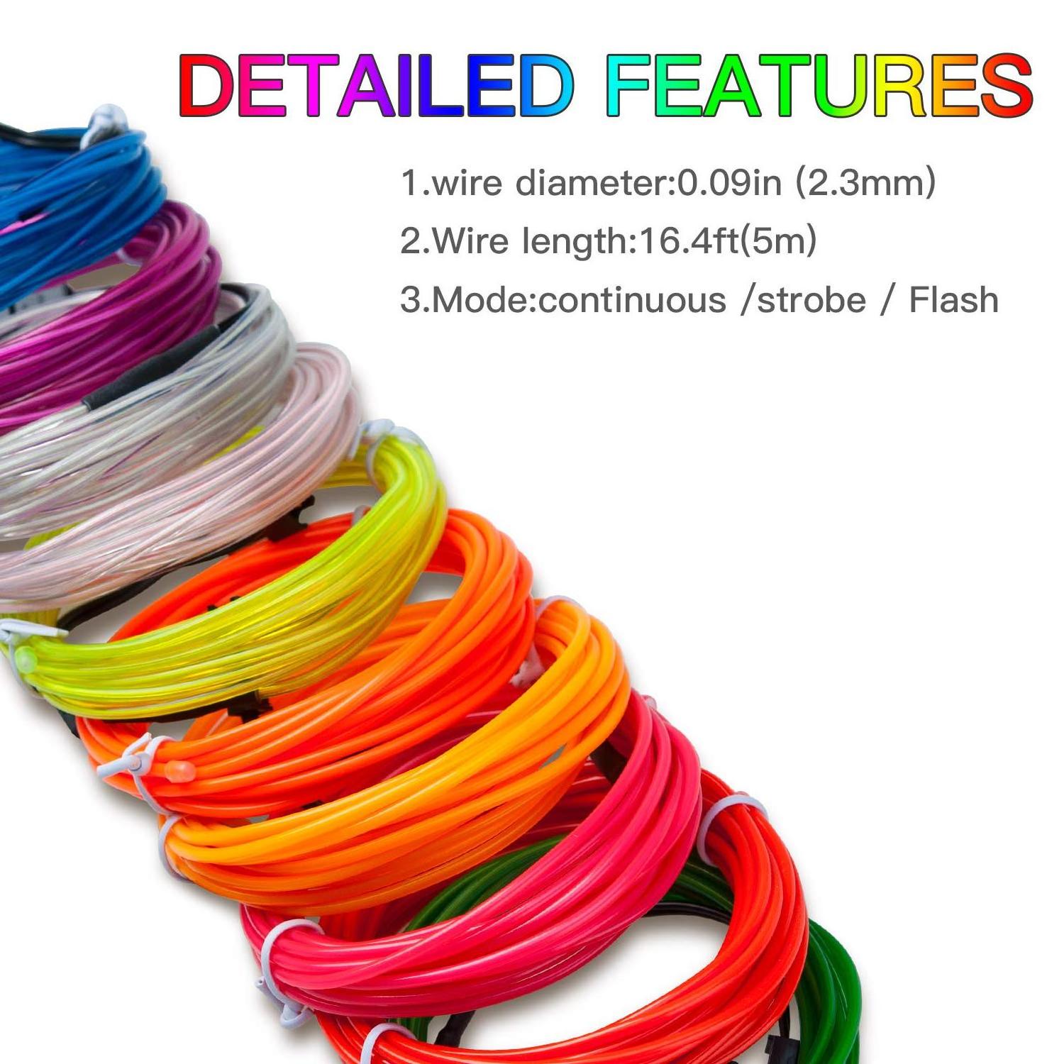 Custom DIY Fashion Neon EL Single Color Wire Flexible Light Up Wire with Battery Pack