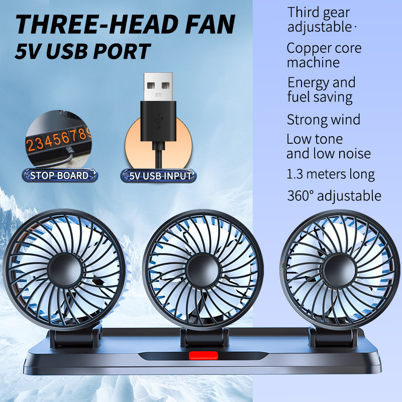 3 Heads Car Fan 360 Degree Rotating 3 speeds USB Portable Vehicle Truck Fan 5V/12V/24v Cigarette Lighter Input