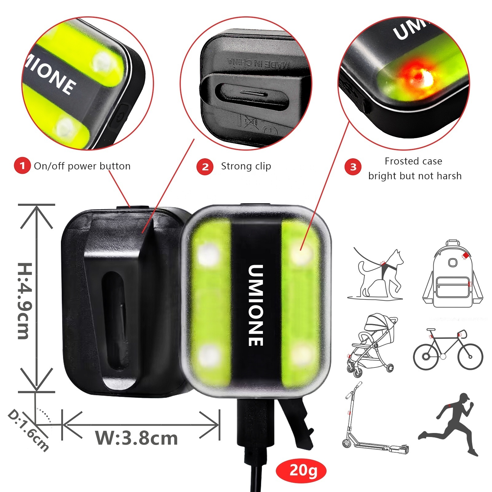 UMIONE USB Rechargeable Clip On Running Light For Runners Mini Reflective Multi-Use LED Camping Lamp Jogging Lights For Joggers