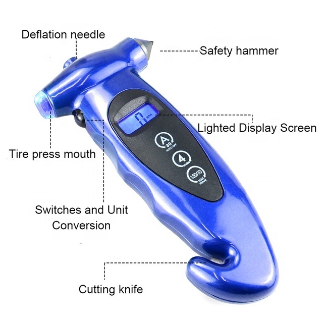 5-in-1 Tire Pressure Gauge Digital Monitoring Car Tyre Air Pressure Gauge Meter LCD Display with Window Broken Hammer