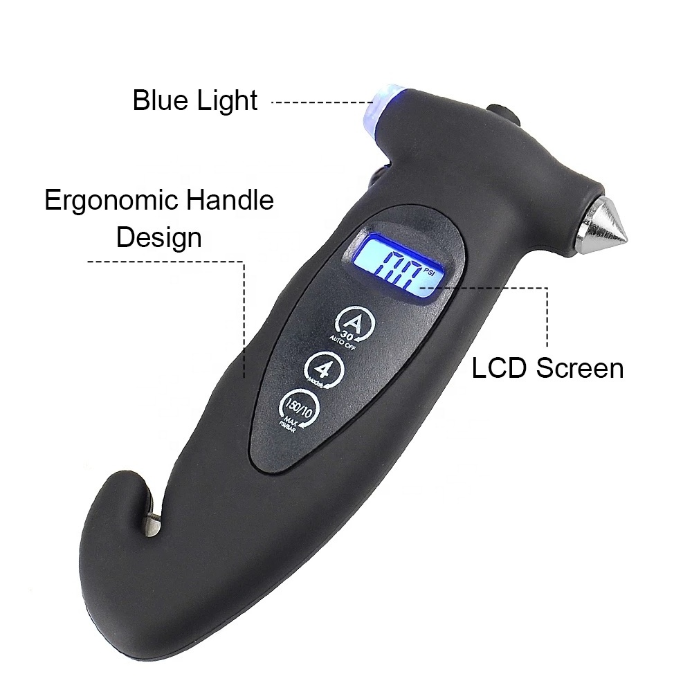 5-in-1 Tire Pressure Gauge Digital Monitoring Car Tyre Air Pressure Gauge Meter LCD Display with Window Broken Hammer