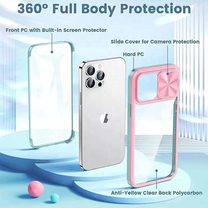 360 Full Protection Clear Mobile Phone Case for iPhone 14 13 12 11 Pro Max Sliding Camera Lens Protect Hybrid Color Cover Shell