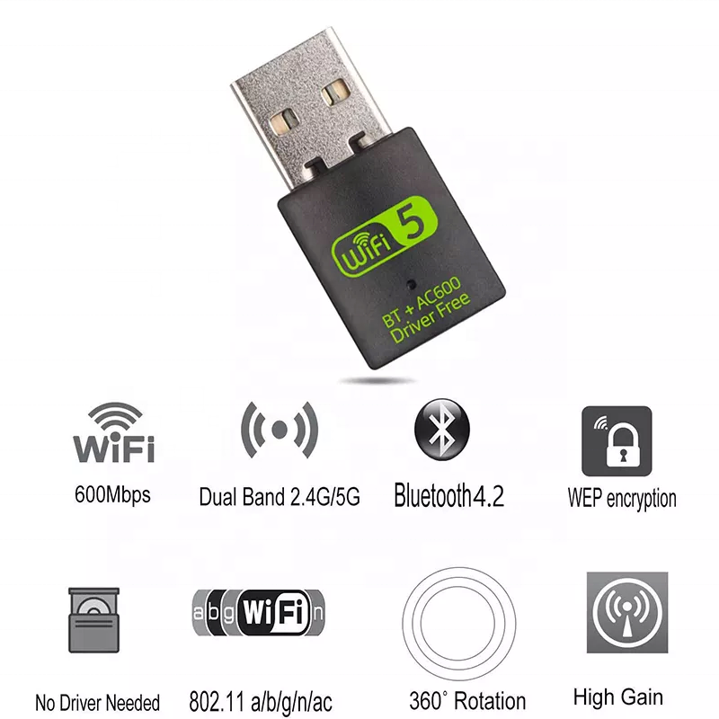 Hot sale 2 in 1 BT 5.0 adapter 600M wifi adapter Wireless External Receiver RTL8811CU WiFi Dongle for PC