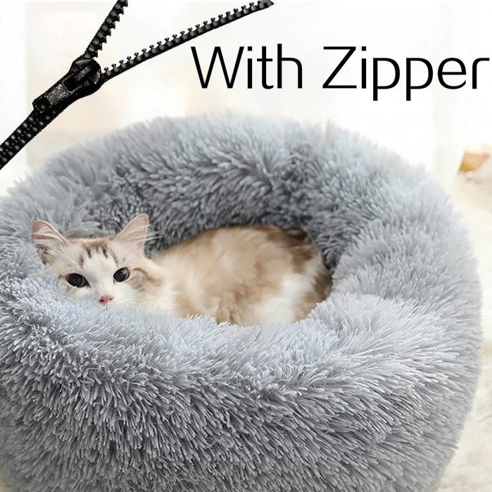 2021 Removable Washable Calming Cuddler Faux Fur XL Eco Friendly Fluffy Chunky Anti Anxiety Donut Round Pet Cat Plush Dog Bed