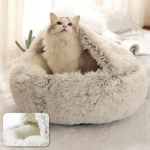 Custom Non Slip Winter Warm Soft Plush Dog Cat Round Small Designer Sofa Nest Cave Comfy Calming Fluffy Luxury Pet Beds