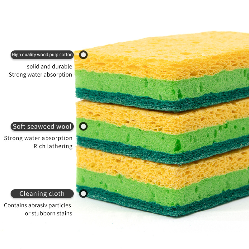 Three-Layer Sponges Power Cleaning Kitchen Thickened Magic Clean Wood Pulp Cellulose Sponges For Washing Dishes Sponges