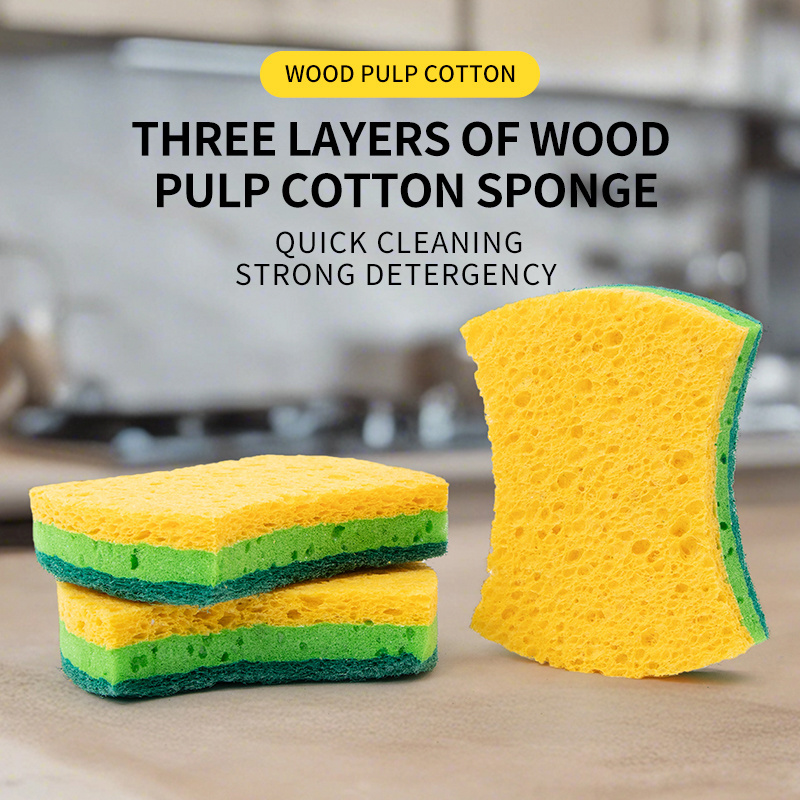 Three-Layer Sponges Power Cleaning Kitchen Thickened Magic Clean Wood Pulp Cellulose Sponges For Washing Dishes Sponges