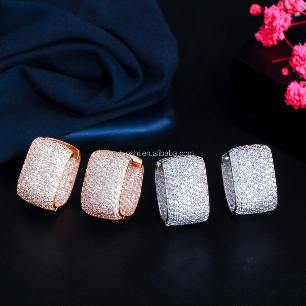 Double Sided Micro Paved Cubic Zirconia White Gold Plated Cz Stone Rectangle Hoop Huggie Earring For Ladies Trendy Brand Jewelry