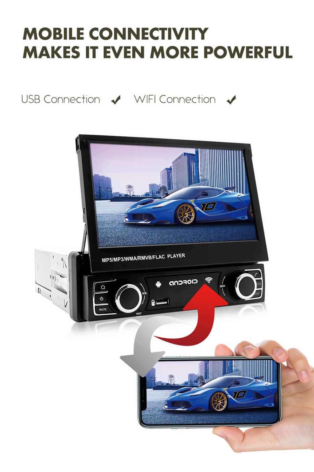 1 Din Android Car Radio 7 Inch  Retractable Car DVD player  Universal Car Stereo Radio System MP5 Player With BT WIFI GPS