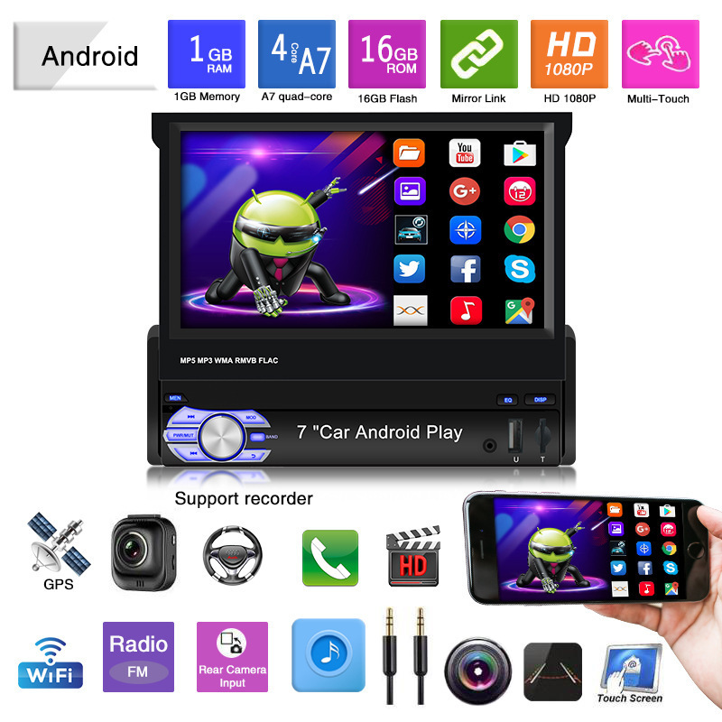 1 Din Android Car Radio 7 Inch  Retractable Car DVD player  Universal Car Stereo Radio System MP5 Player With BT WIFI GPS