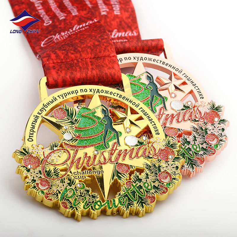 Longzhiyu 2022 New Design Christmas Tree and Flower Custom Metal Hollow Out Challenge Cup Dancing Medals