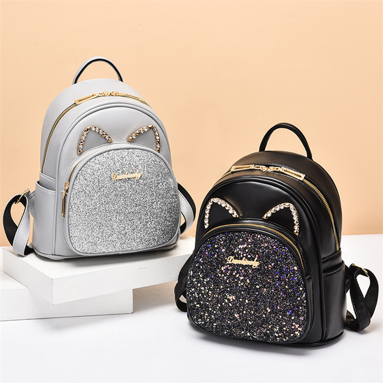 best price top quality iridescence black color changing glitter big spangle sequin backpack