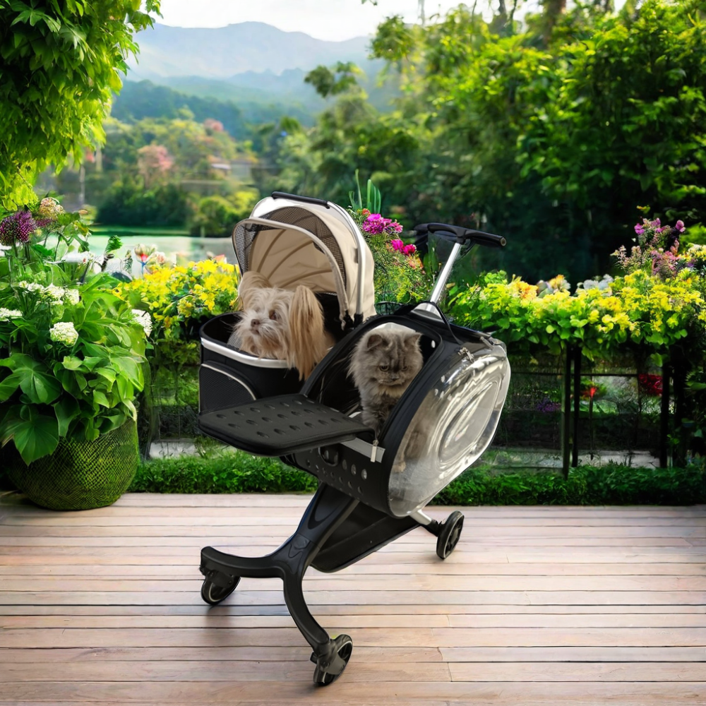 U801T Luxury Aviation Aluminum Folding Detachable Double Pet Trolley with Shock Absorption System Twins Pet Dogs Strollers