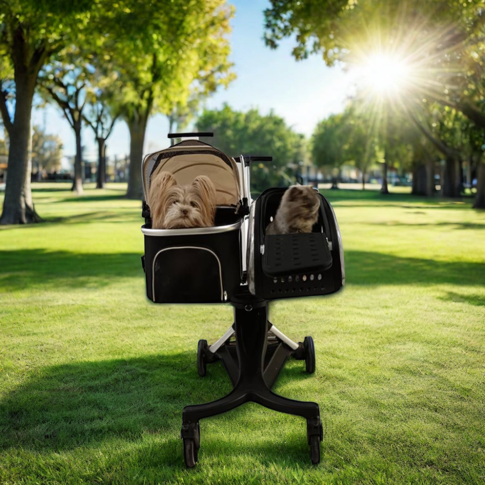 U801T Luxury Aviation Aluminum Folding Detachable Double Pet Trolley with Shock Absorption System Twins Pet Dogs Strollers