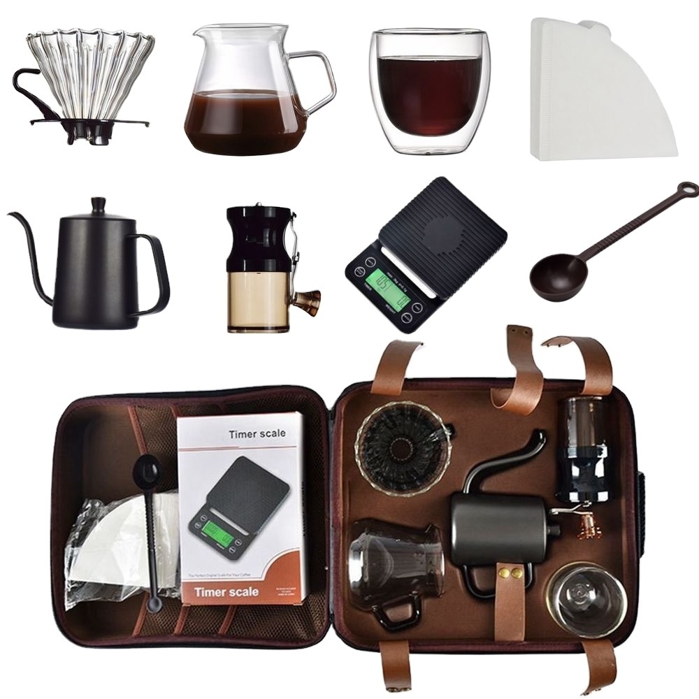 Grinder Filter 600ml Pour Over Kettle Travel Bag Gift Box 60 Glass Dripper Coffee Maker Set For Outdoor Camping