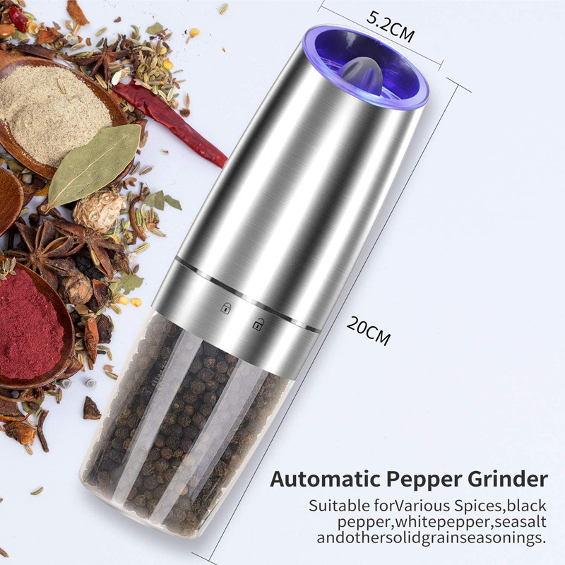 Rechargeable Grinders Mill with LED light automatic operation stainless steel gravity electric mill pepper and salt grinder