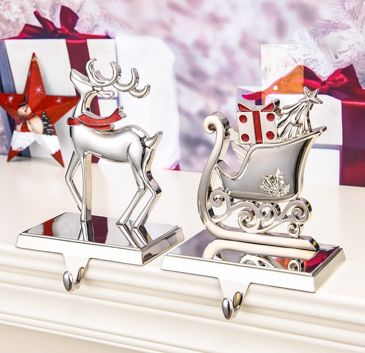 Snowflake Christmas Stocking Hanger Silver Metal Mantle Stocking Holders for Mantel Shelf Stand Christmas Holiday Decorations