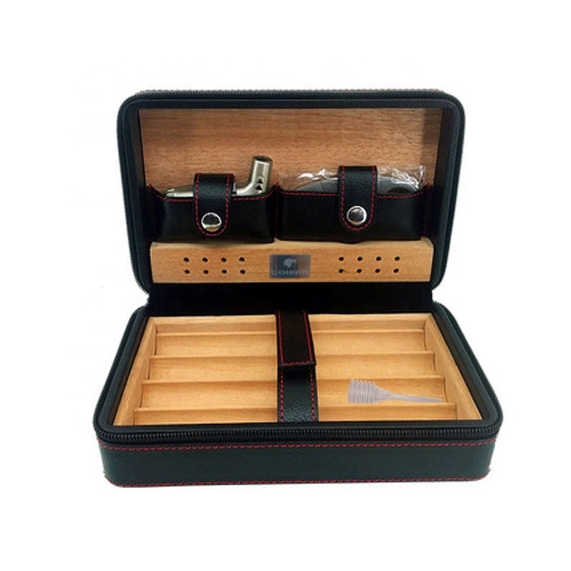 Hot Sell Leather Cedar Wood 4/6 Cigar Humidor Case Included Cigar Cutter and Lighter Set