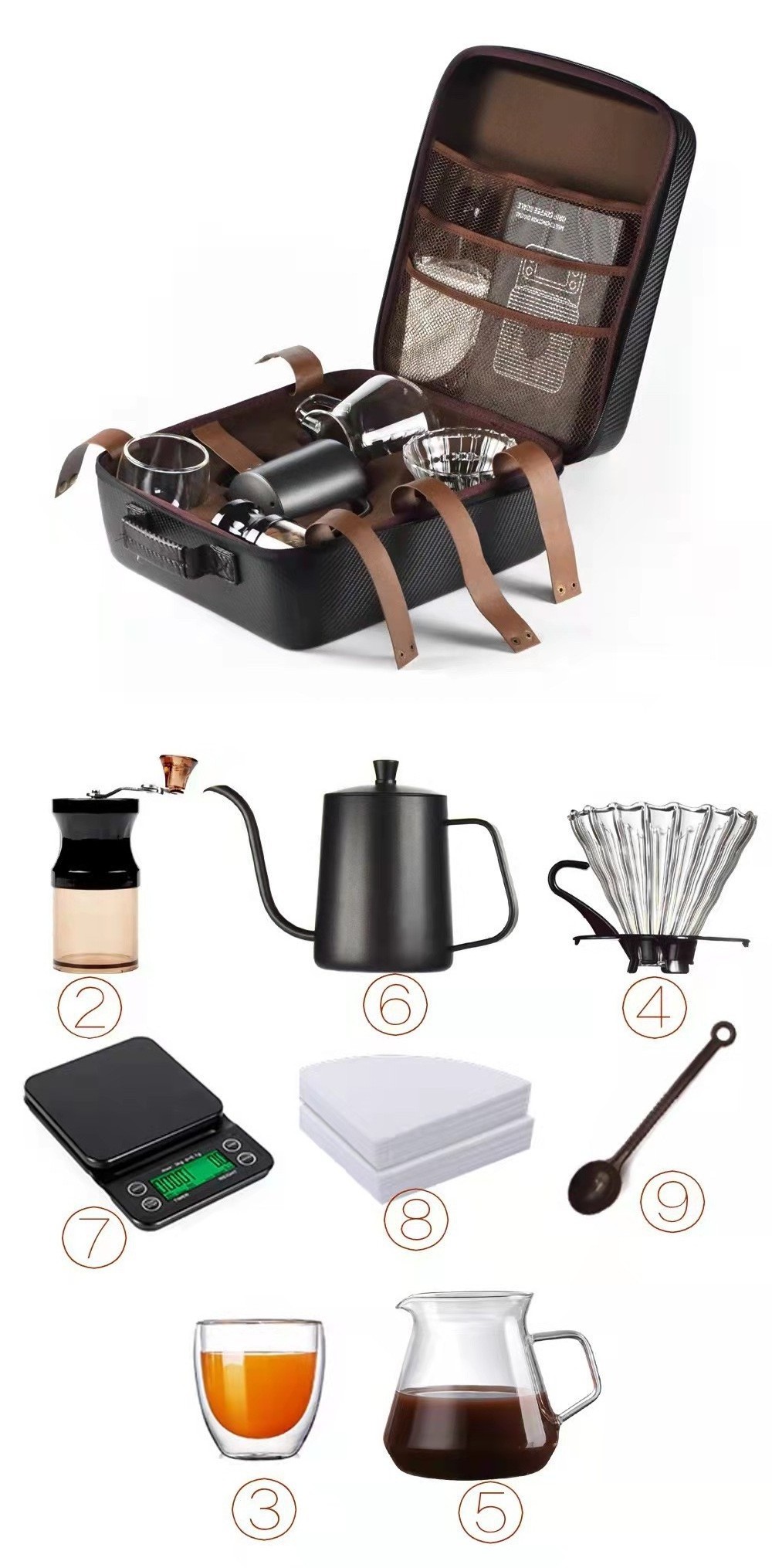 Grinder Filter 600ml Pour Over Kettle Travel Bag Gift Box 60 Glass Dripper Coffee Maker Set For Outdoor Camping