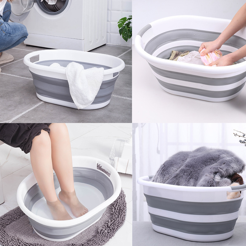 High Quality  Foldable Portable Oval Washing Bathtub Storage Box Bathroom Plastic Collapsible Silicone Folding Laundry Basket