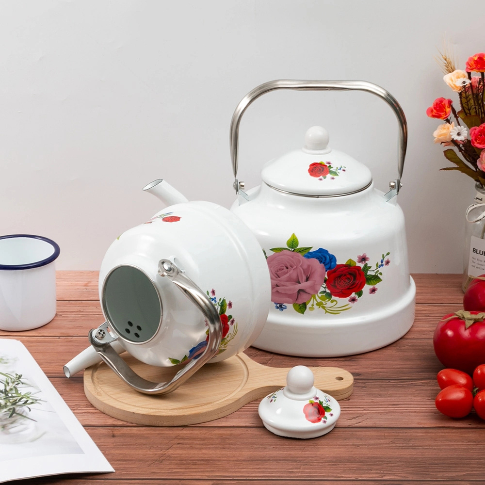 New Selling Enamel Teapot Enamel Teapot Bell-Shaped Kettle Cast Iron Cartoon Pattern Enamel Kettle