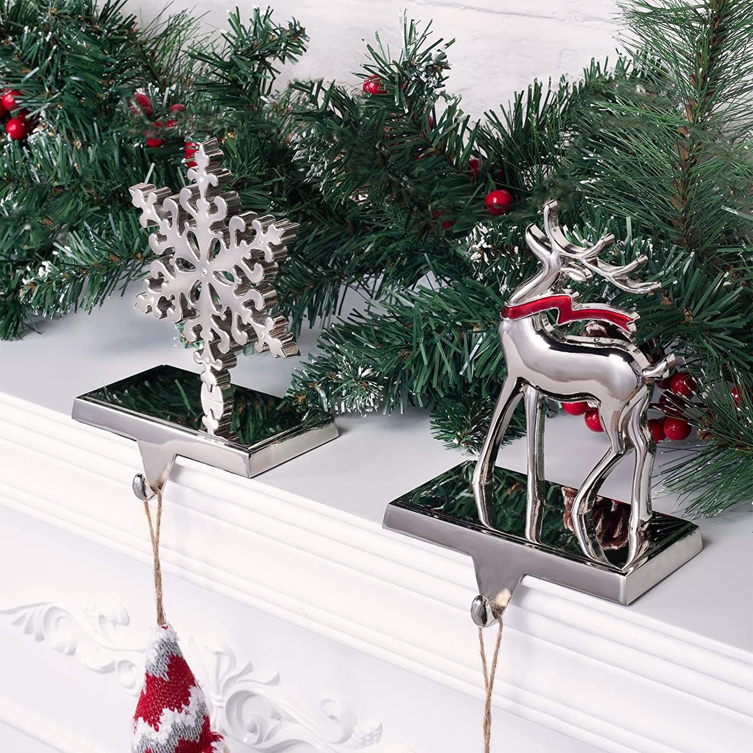 Snowflake Christmas Stocking Hanger Silver Metal Mantle Stocking Holders for Mantel Shelf Stand Christmas Holiday Decorations