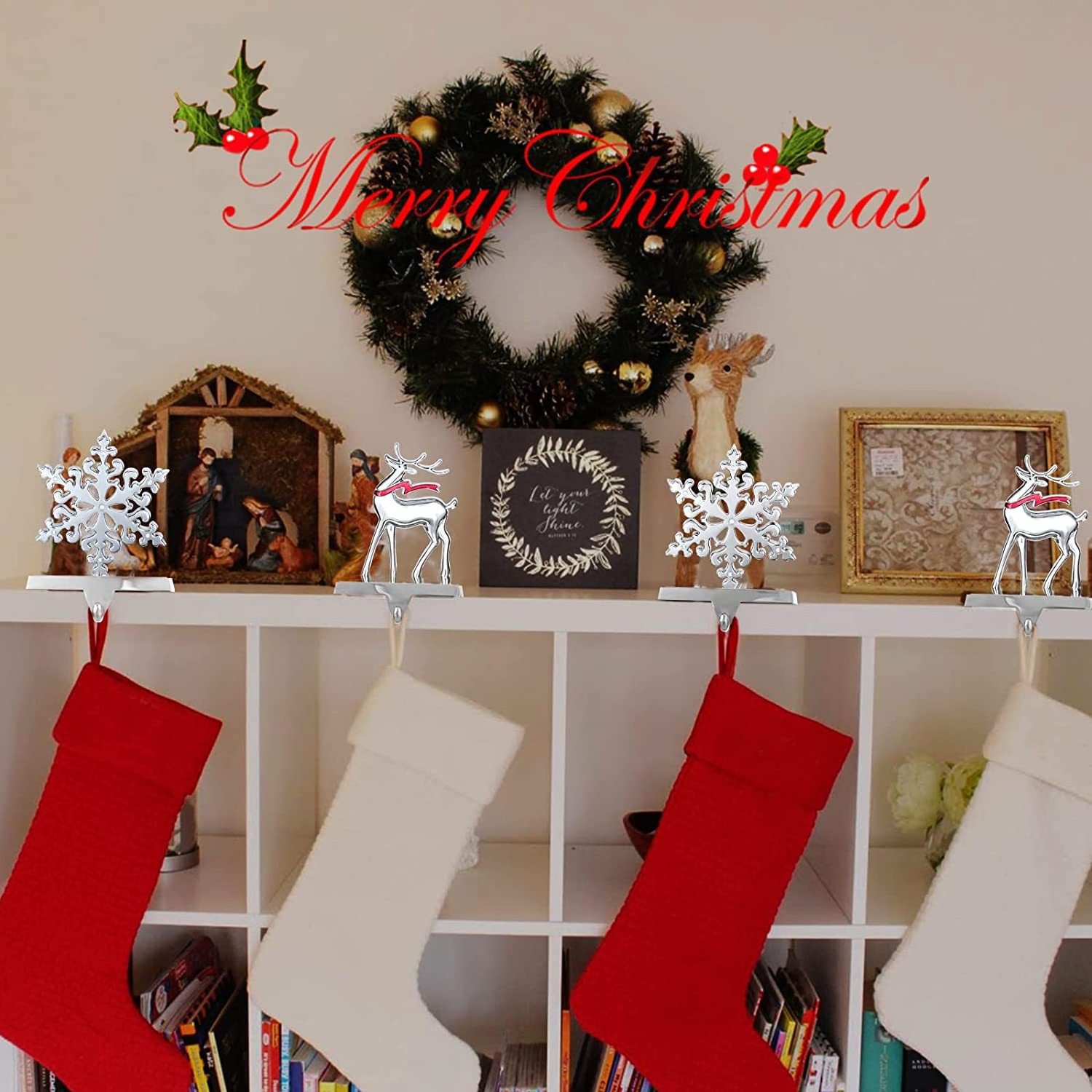 Snowflake Christmas Stocking Hanger Silver Metal Mantle Stocking Holders for Mantel Shelf Stand Christmas Holiday Decorations