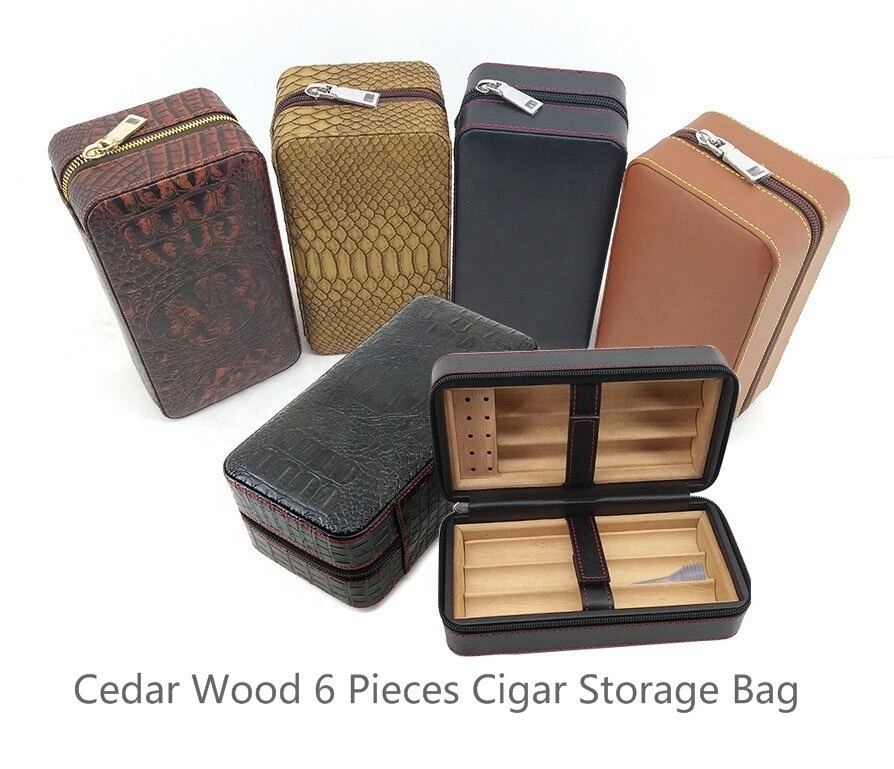 Hot Sell Leather Cedar Wood 4/6 Cigar Humidor Case Included Cigar Cutter and Lighter Set