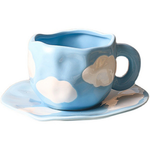 Cloud Painting Blue Ceramic Pottery Mug With Saucer Set Blue Sky Pottery Cloud Hand Painted Art Juice Milk Cups