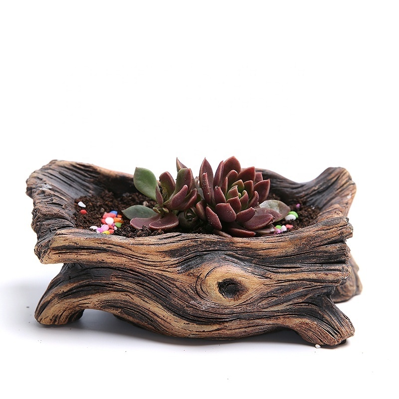 Wholesale Vintage Concrete Flowerpots Planter Driftwood Stump Log Concrete Planter Succulent Plant Pot