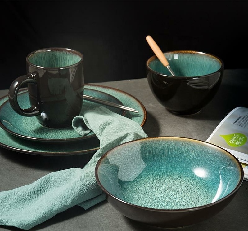 Manufactures hot antique crockery rustic dinner set Matte Color Green Reactive Glazed Ceramic Stoneware Dinnerware Sets