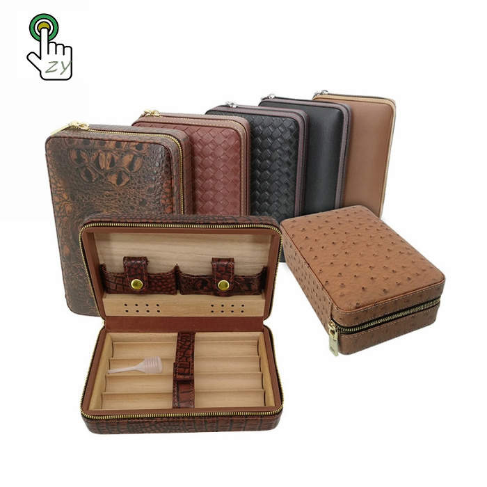 Hot Sell Leather Cedar Wood 4/6 Cigar Humidor Case Included Cigar Cutter and Lighter Set