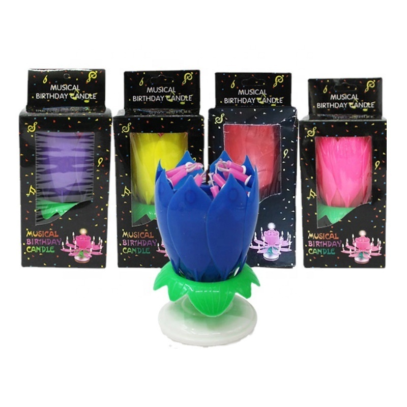 Wholesale Multi-Colors Sparkling Spinning Musical Birthday Cake Candle Lotus Flower Candle