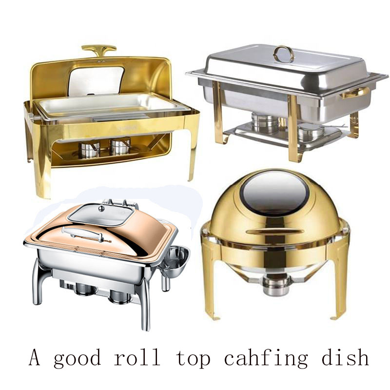 Luxury Gold Fuel Food Warmer Chafing Dishes Party Catering Equipment Buffet Set Saving Dish Round Roll Top Chafer Dish