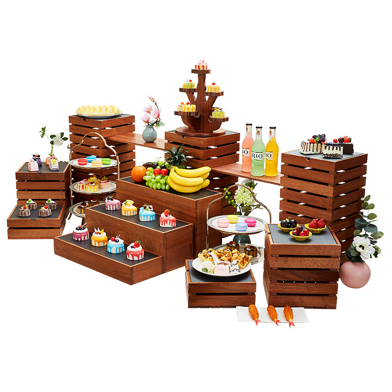 Wedding catering items solid sapele wood shelves buffet cupcake floor shape food dessert display risers cake stand wooden