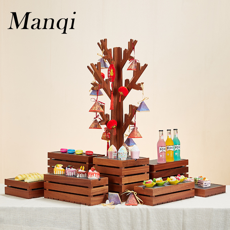 Wedding catering items solid sapele wood shelves buffet cupcake floor shape food dessert display risers cake stand wooden