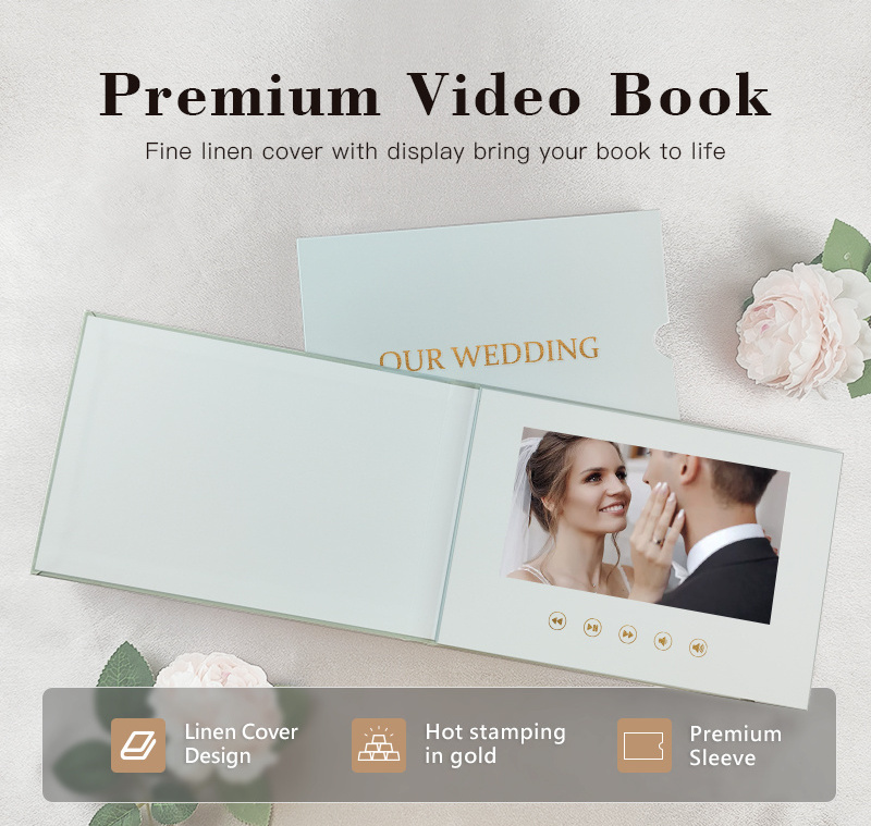 Customized Digital  video Book our Wedding greeting Card hardcover wedding video brochure with gold foil video invitation book