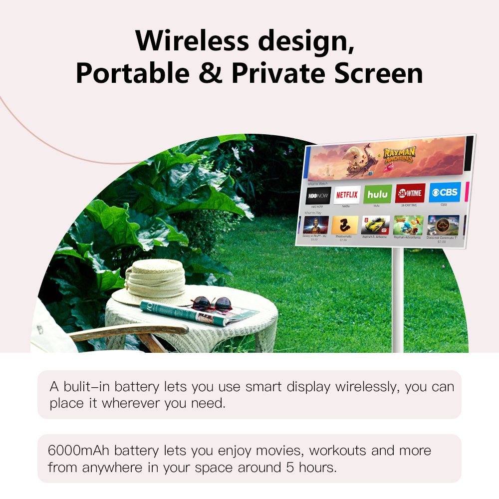 US Warehouse white 6GB+128GB tv on wheels Movable Charging Screen Display Built-In Battery Speaker Smart Interactive portable TV