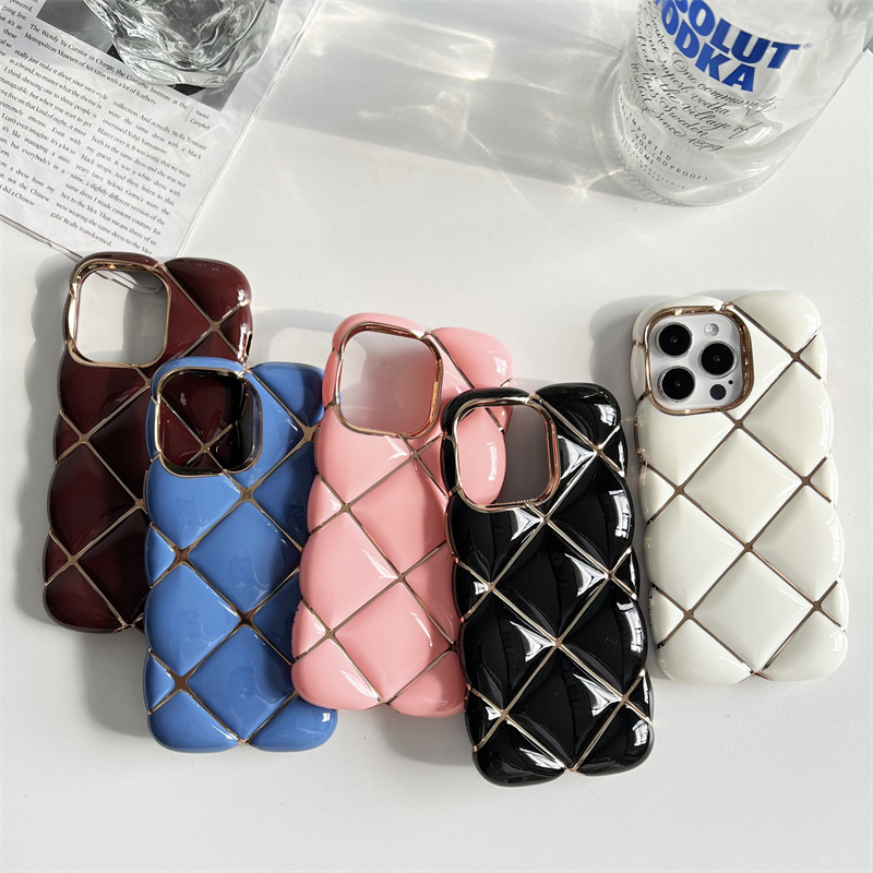 Luxury Gold wire electroplated Diamond Plaid phone case for iPhone15promax/13/14pro max drop-proof cover