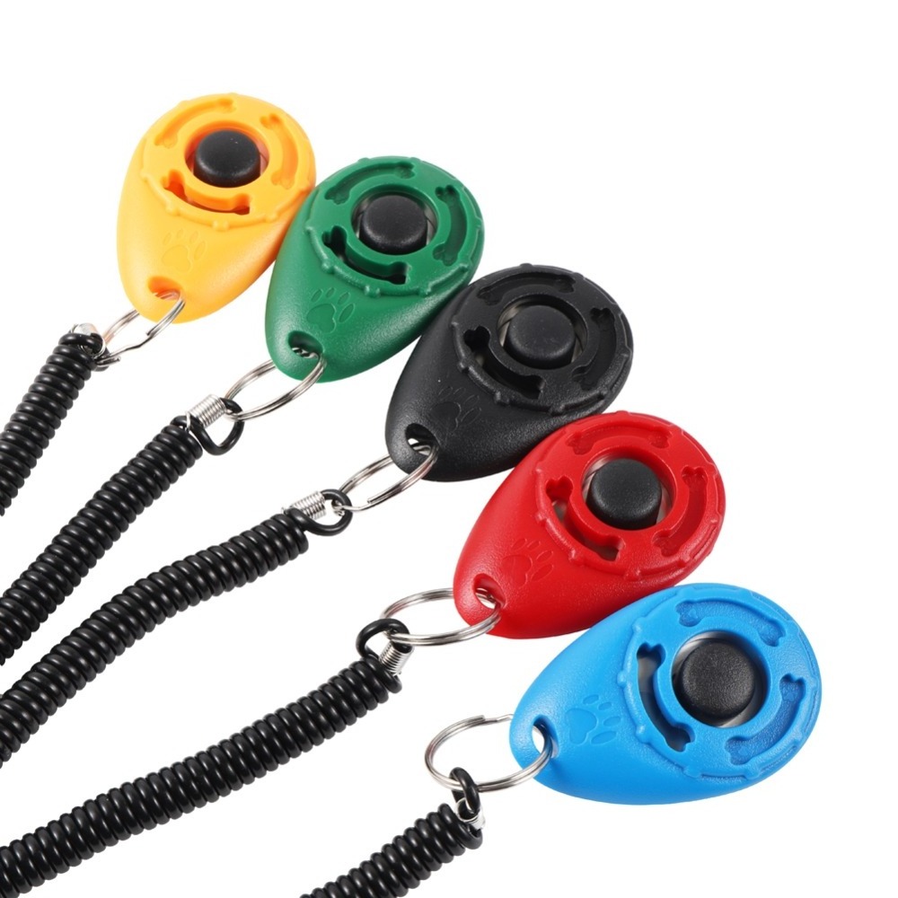 Durable Pet Dog Training Button Clicker Plastic New Dogs Click Trainer Aid Adjustable Wrist Strap Sound Keychain Dog Clicker