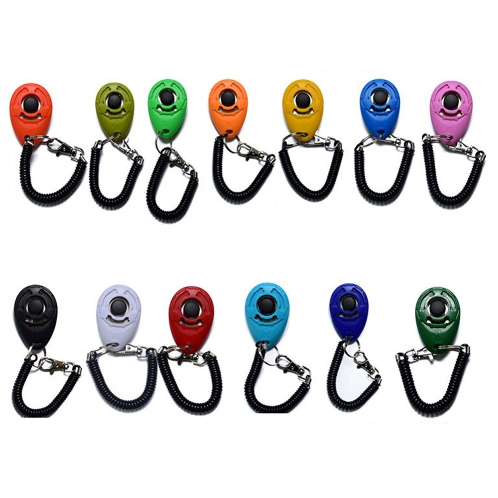 Durable Pet Dog Training Button Clicker Plastic New Dogs Click Trainer Aid Adjustable Wrist Strap Sound Keychain Dog Clicker