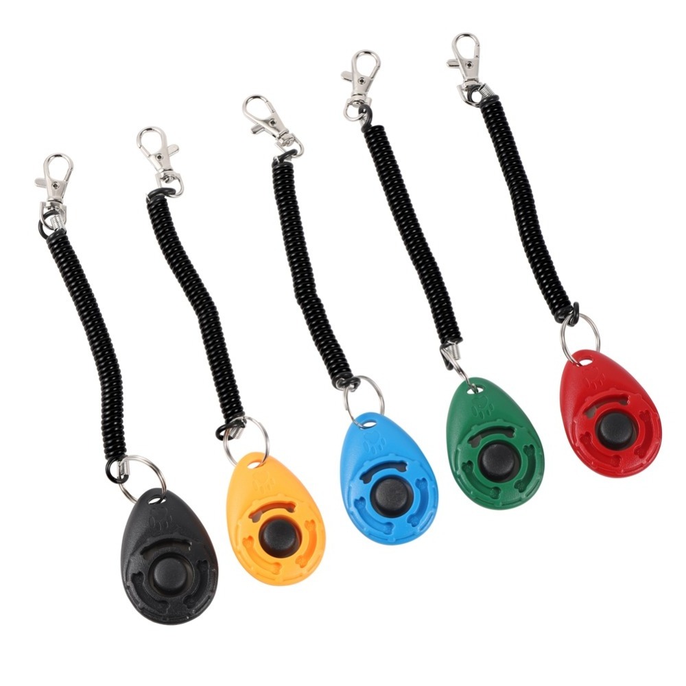 Durable Pet Dog Training Button Clicker Plastic New Dogs Click Trainer Aid Adjustable Wrist Strap Sound Keychain Dog Clicker